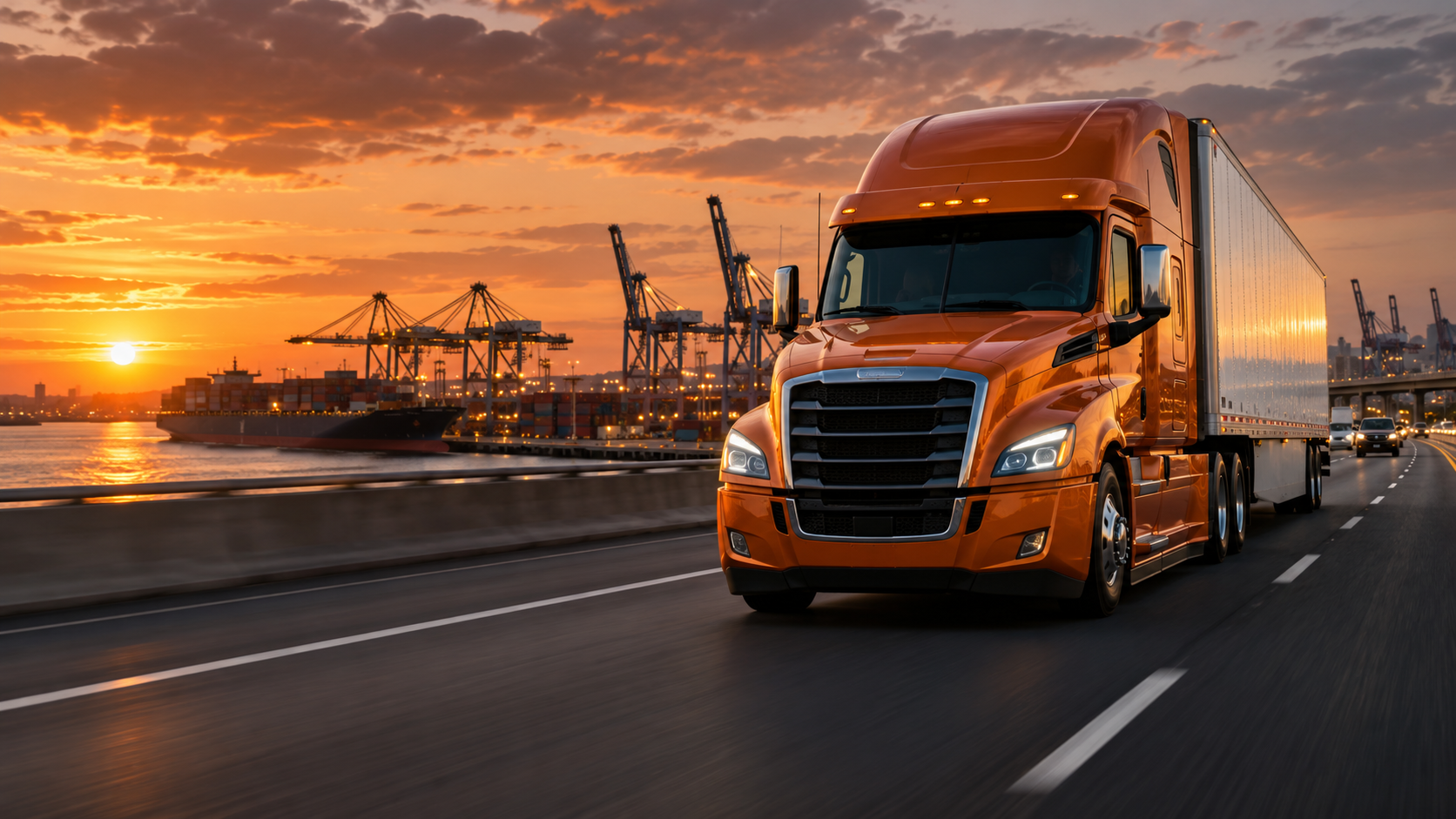 Orange commercial truck traveling beside a container port